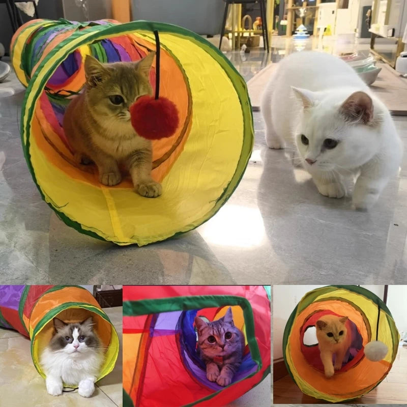 Cat Play Tunnel – Colorful Foldable Cat Tunnel with Toy Ball and Crinkly Paper