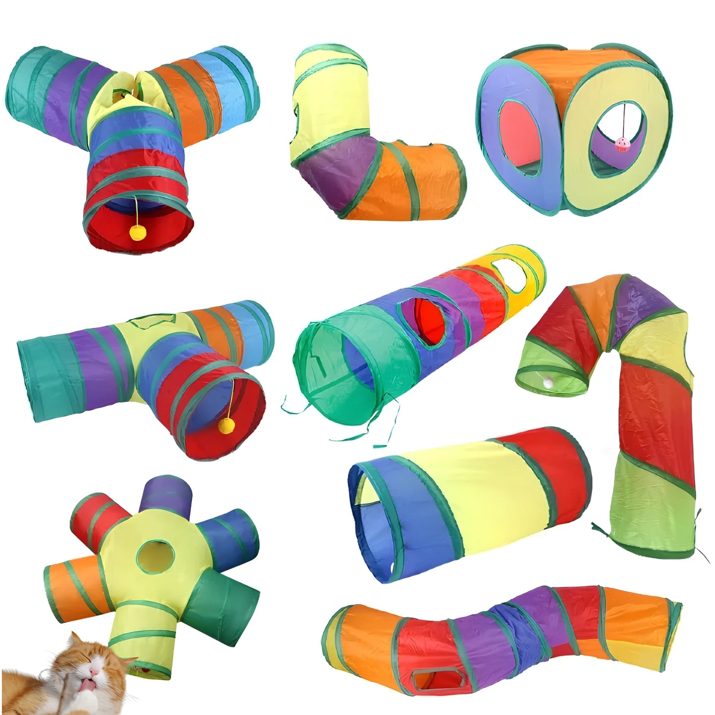 Cat Play Tunnel – Colorful Foldable Cat Tunnel with Toy Ball and Crinkly Paper
