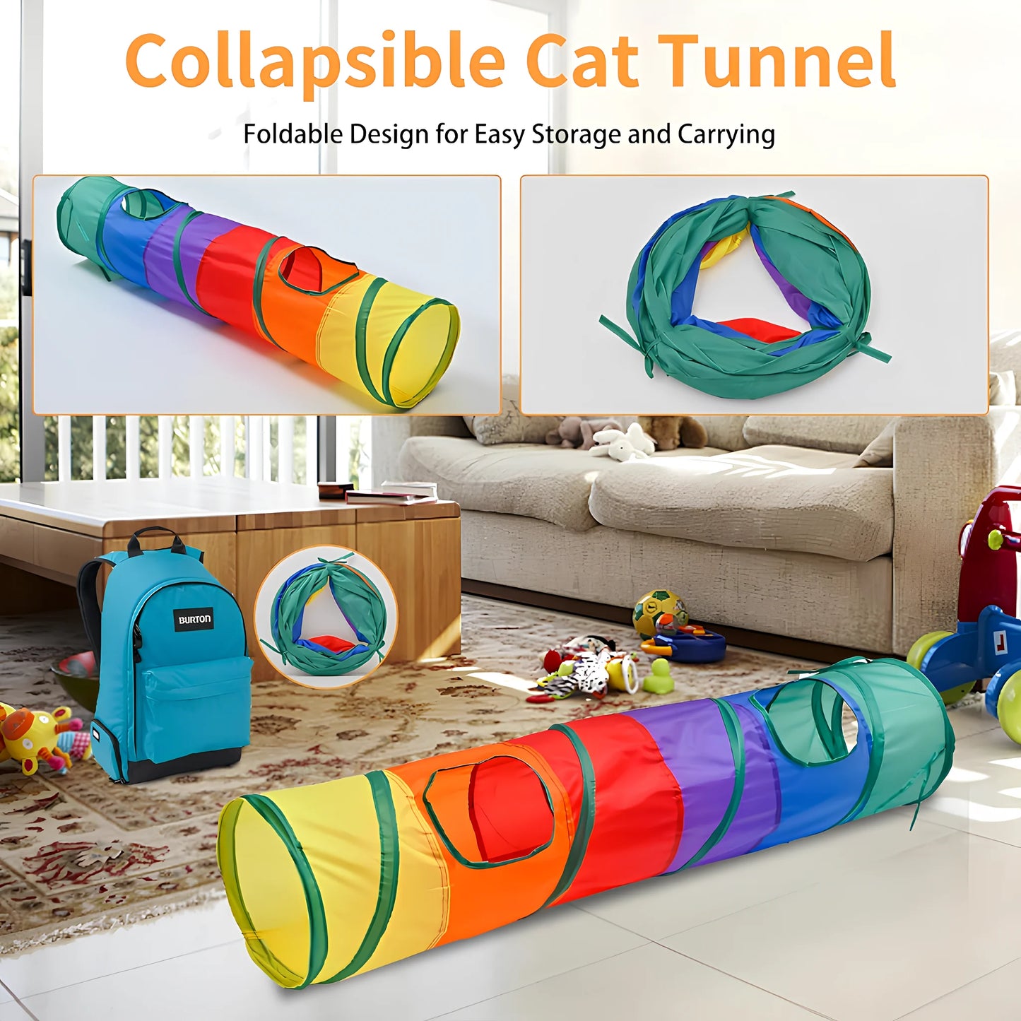 Cat Play Tunnel – Colorful Foldable Cat Tunnel with Toy Ball and Crinkly Paper